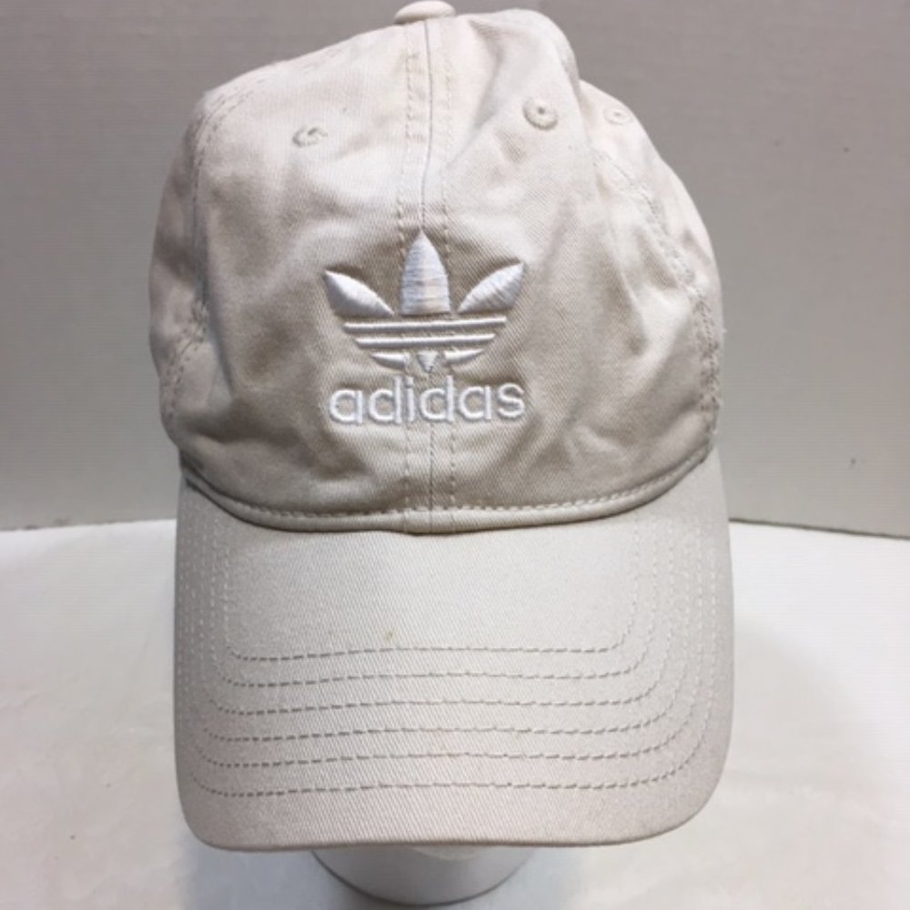 Adidas Strap Back Beige White Trefoil Logo Adjustable Cotton Baseball Cap Hat